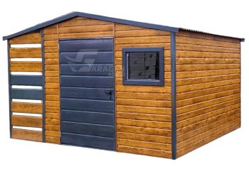 Gartenhaus - Gartenschuppen 2,5x2,5m + Überdachung 1m - Tür - PVC Kippfenster - Helles Walnussholz - Holzoptik - Satteldach | ID627 |