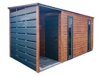 Gartenhaus - Gartenschuppen 2,5x2m + Überdachung 1m - 2x PVC Fenster - Tür - Helles Walnussholz - Holzoptik - Dach fällt nach vorne | ID628 |