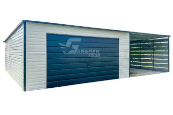 Blechgarage 4x6m + Überdachung 4m - Schwingtor - Tür - Anthrazit - Weiß - Flachdach | ID614 |