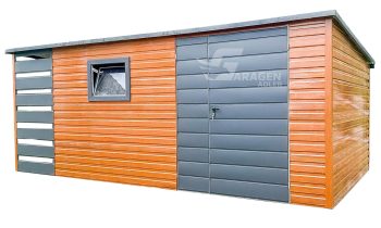 Gartenhaus - Gartenschuppen 4x2,5m + Überdachung 1m - PVC Kippfenster - Zweiflügeliges Tor - Goldene Eiche - Holzoptik - Anthrazit - Flachdach | ID618 |