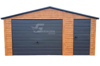 Blechgarage 5,5x6m - Schwingtor - Tür - Helles Walnussholz - Holzoptik - Anthrazit - Dachrinnen - Satteldach | ID621 |