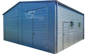Blechgarage 7x6m - Schwingtor - Zweiflügeliges Tor - Tür - 4x PVC Kippfenster - Dachrinnen - Satteldach ID606