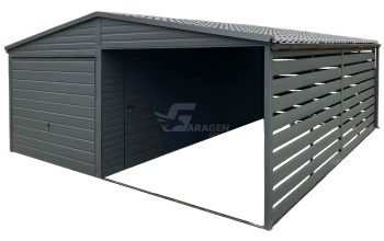 Blechgarage 3x6m + Überdachung 3m - Schwingtor - Tür - Anthrazit - Metalldachziegel - Satteldach | GP582 |
