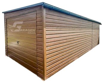 Blechgarage 3,5x8m + Überdachung 1m - Schwingtor - Tür - Dachrinnen - Goldene Eiche - Holzoptik Dach mit seitlichem Gefälle ID612