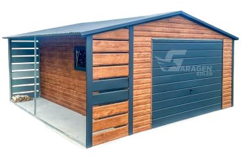Blechgarage 4x6m + Überdachung 1m - Schwingtor - Tür - PVC Kippfenster - Helles Walnussholz - Holzoptik - Anthrazit - Satteldach | ID569 |