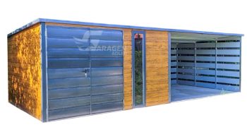 Blechgarage 4x3m + Überdachung 4,5m - Zweiflügeliges Tor - Helles Walnussholz - Holzoptik - Anthrazit - Flachdach | ID568 |