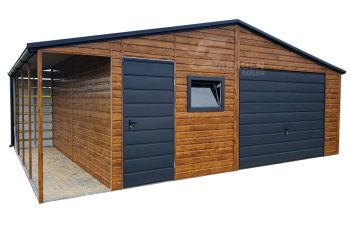 Blechgarage 5,5x6m + Überdachung 1m - Schwingtor - Tür - PVC Kippfenster - Helles Walnussholz - Holzoptik - Anthrazit - Dachrinnen - Satteldach ID566