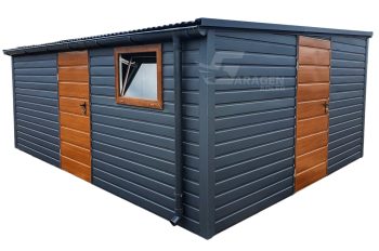 Blechgarage 5x5m - 3x Tür - Anthrazit - Dachrinnen - Flachdach ID564