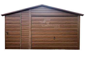 Blechgarage 4,5x6m + Überdachung 1,5m - Schwingtor - Tür - Dunkles Walnussholz - Holzoptik - Satteldach ID563