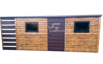 Gartenhaus - Gartenschuppen 5x2,5m + Überdachung - Tür - Helles Walnussholz - Holzoptik - Dunkles Braun - Flachdach | ID558 |