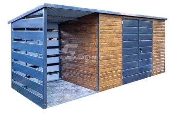 Gartenhaus - Gartenschuppen 4x2m + Überdachung 1,5m - Tür - Helles Walnussholz - Holzoptik - Flachdach  | ID554 |