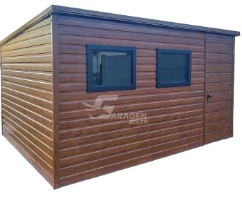 Gartenhaus - Gartenschuppen 4x3m - Tür - 2x PVC Kippfenster - Helles Walnussholz - Holzoptik  - Flachdach | ID555 |