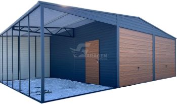 Blechgarage 6x6m + Überdachung 3m - 2x Schwingtor - Anthrazit - Holzoptik - Satteldach GP585