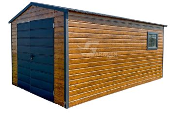 Blechgarage 3,5x5m - Zweiflügeliges Tor - PVC Kippfenster - Helles Walnussholz - Holzoptik - Anthrazit - Satteldach | ID559 |