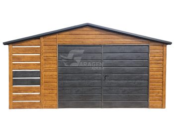 Gartenhaus - Schuppen 4x5m + Überdachung 1m - Zweiflügeliges Tor - PVC Kippfenster - Dachrinnen - Helles Walnussholz - Norwegische Kiefer - Holzoptik - Satteldach | ID550 |