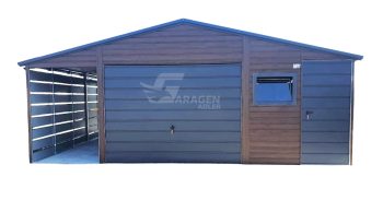 Blechgarage 5x6m + Überdachung 1,5m - Schwingtor - PVC Kippfenster - Tür - Dachrinnen - Verzinkte Konstruktion - Dunkles Walnussholz - Holzoptik - Satteldach ID551