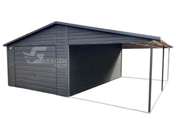 Blechgarage 4x6m + Überdachung 4x6m - Schwingtor - Anthrazit - Metalldachziegel - Satteldach  ID541