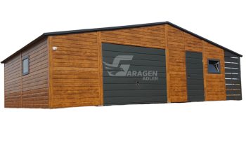Blechgarage 9x6m + Überdachung 1m - Schwingtor - 2x Tür - 2x PVC Kippfenster - Helles Walnussholz - Holzoptik - Anthrazit - Satteldach ID542