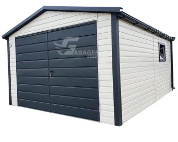 Blechgarage 4x5m - Zweiflügeliges Tor - Tür - 2x PVC Kippfenster - 2x PVC Kippfenster - Dachrinnen - Metalldachziegel - Weiß - Anthrazit - Satteldach | ID540 |
