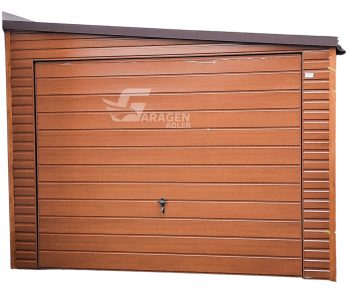 Blechgarage 3,5x6m Horizontal Blech Dach mit einer Neigung nach rechts 2x Schwingtor Holzoptik ID161