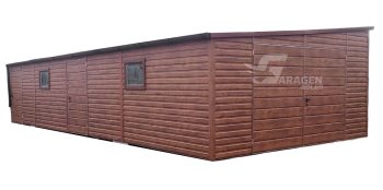 Blechgarage 5x11m Zweiflügeliges Tor - 2x Tür - 2x PVC Kippfenster - Dunkles Walnussholz - Holzoptik - Verzinkte Konstruktion - Dach mit Neigung nach links ID491