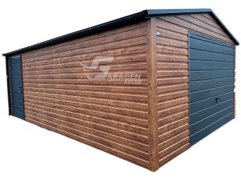 Blechgarage 4x6m Schwingtor - Tür - Dachrinnen - Helles Walnussholz - Holzoptik - Satteldach | ID527 |