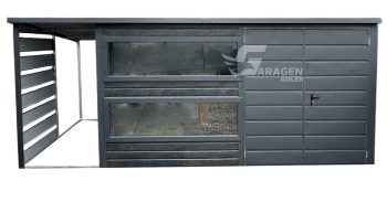 Gartenhaus - Gartenschuppen 4x2,5m + Überdachung1,2m - Zweiflügeliges Tor - 3x Fenster - Norwegische Kiefer - Holzoptik - anthrazit - Flachdach ID532