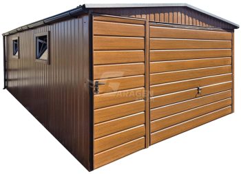 Blechgarage 4x6m - Schwingtor - Tür - 2x PVC Kippfenster - Holzoptik - Dachrinnen - Satteldach GP584