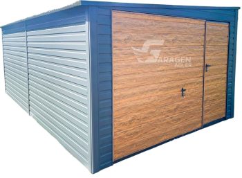Blechgarage 4x6m - Schwingtor - Tür - Helles Walnussholz - Holzoptik - Anthrazit - Dach mit Neigung nach links | GP406 |