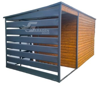 Gartenhaus - Schuppen 3x2m + Überdachung 1,5m - Tür - Helles Walnussholz - Holzoptik - Anthrazit - Flachdach | GP367 |