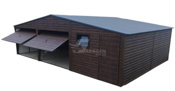 Blechgarage 9x6m - 2x Schwingtor - Tür - PVC Kippfenster - Dunkles Walnussholz - Anthrazit - Satteldach GP280