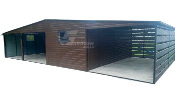 Blechgarage 10x6m + Überdachung 4x6m - 2x Schwingtor - 2x PVC Kippfenster - Tür - Dachrinnen - Dunkles Walnussholz - Holzoptik - Anthrazit - Satteldach GP363