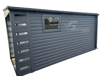 Gartenhaus - Schuppen 2x4m + Überdachung 2m - Tür - PVC Kippfenster - Dachrinnen - Anthrazit - Dach mit Neigung nach links GP353