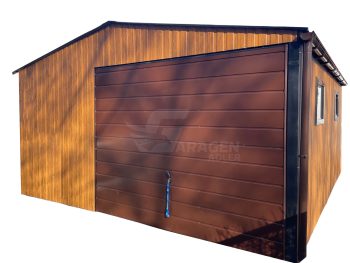 Blechgarage 5,5x6m - Schwingtor - Tür - 2x PVC Kippfenster - Dachrinnen - Helles Walnussholz - Holzoptik - Satteldach GP278