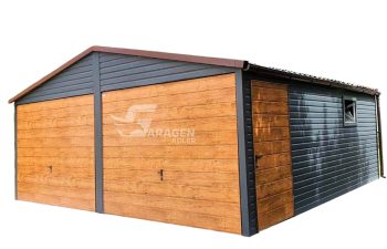 Blechgarage 6x5,5m Satteldach Holzoptik 2x Schwingtor PVC Kippfenster ID110