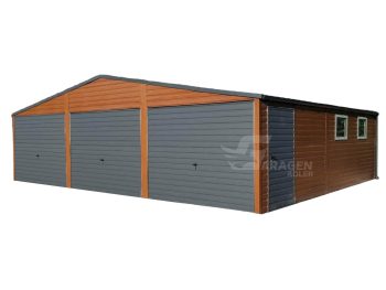 Blechgarage 9x6m Horizontal Blech Dachrinnen 3x Schwingtor 2x PVC Kippfenster Holzoptik ID216