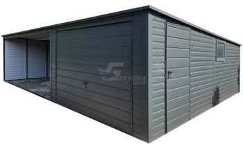 Blechgarage 3,5x6m + Überdachung 5m - Schwingtor - PVC Kippfenster - Tür - Anthrazit - Flachdach GP574