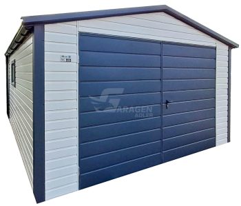 Blechgarage 4x4m - Zweiflügeliges Tor - 2x PVC Kippfenster - 2x PVC Kippfenster - Dachrinnen - Metalldachziegel - Silber - Anthrazit - Satteldach | ID993 |