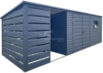 Gartenhaus - Gartenschuppen 4,5x2,5m + Überdachung 2m - Zweiflügeliges Tor - PVC Kippfenster - Anthrazit - Flachdach | ID994 |