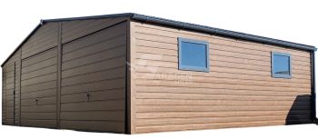 Blechgarage 8x6m - 2x Schwingtor - Tür - 2x PVC Kippfenster - Holzoptik - Satteldach | GP599 |