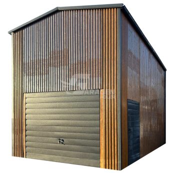 Blechhalle 5x6m - Schwingtor - Tür - Holzoptik - Anthrazit - Dachrinnen - Satteldach ID937