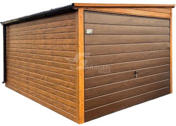 Blechgarage 3x4,5m - Schwingtor - Holzoptik - Dachrinnen - Pultdach mit Neigung zur Seite | ID888 |