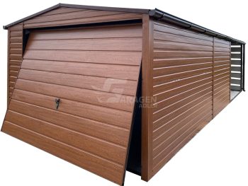 Blechgarage 3,5x5 + Überdachung 3m - Schwingtor - PVC Kippfenster - Holzoptik - Dachrinnen - Satteldach | GP572 |