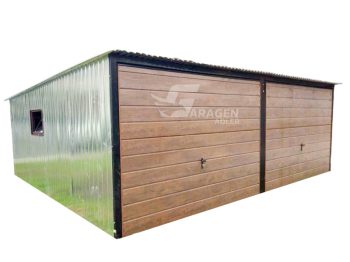 Blechgarage  6x8m - 2x Schwingtor - Zusätzliche Tür - Holzoptik + PVC Kippfenster - Verzinkt - Pultdach  GP141