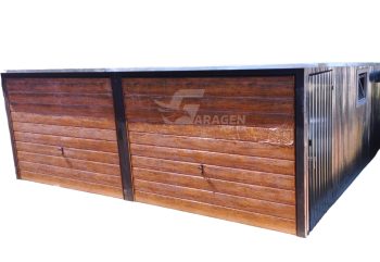 Blechgarage  6x6m - 2x Schwingtor - Holzoptik  +  Zusätzliche Tür  + 2X PVC KIPPFENSTER - Verzinkt - Pultdach  GP205