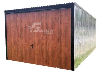 Blechgarage 3x5m - Schwingtor  -  Verzinkt  + Dunkles Walnussholz - Pultdach  GP104