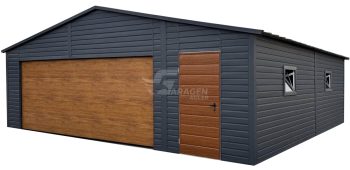 Blechgarage Premium 7,5x6m - Sektionaltor - 2x PVC Kippfenster - Tür - Anthrazit - Holzoptik - Satteldach Stehfalzblech  ID986