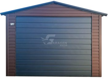Blechgarage 3,5x5m - Schwingtor - Tür - PVC Kippfenster - Dunkles Braun - Anthrazit - Dachrinnen - Satteldach | ID987 |