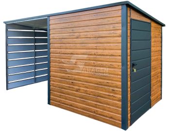 Gartenhaus - Gartenschuppen 2x2m + Überdachung 2m - Tür - Holzoptik - Flachdach GP547