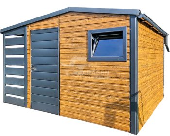 Gartenhaus - Gartenschuppen 3x3,5m + Überdachung 1m - Tür - PVC Kippfenster - Holzoptik - Anthrazit - Dachrinnen - Satteldach GP484